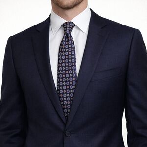 Zanetti Italy, 100% Silk, Medallion Print, Navy Blue, Handmade Men's Tie